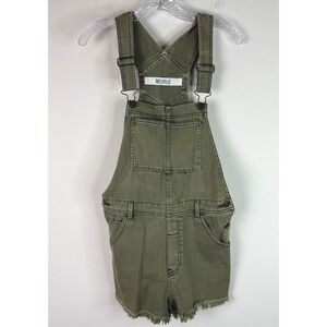 Melville Shortalls Women Size M Olive Green Denim Overalls Frayed Hem Bib Pocket